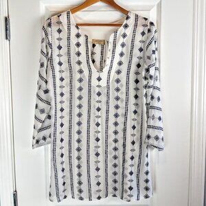 Language Navy Blue Embroidered Sheer White Silk Top